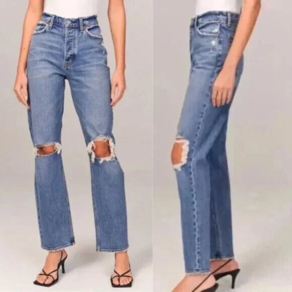 Abercrombie & Fitch Jeans Curve Love The Dad High Rise Double Knee Destroy 28R - Picture 1 of 14